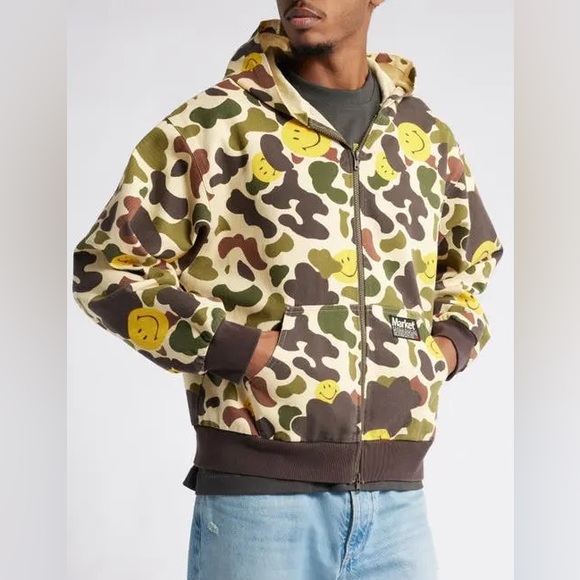 Smiley Market Camo Twill Zip Hoodie Jacket Large - Picture 1 of 9